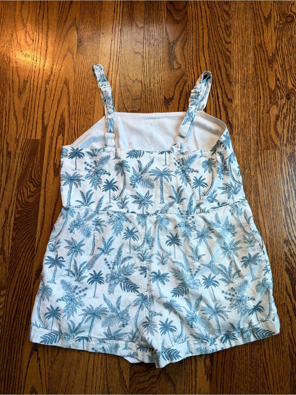 Show Me Your Mumu Catch Me Linen Blend Romper in White & Blue Palm Print Small - Picture 4 of 8